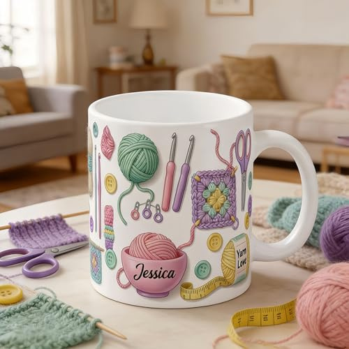 Drawelry Personalisierte Name Kaffeebecher mit 2D-Muster Drucken Effekt Keramik Tassen Trinkbecher Kreatives Muttertag Vatertag Geburtstag Geschenk für Familien Eltern Freunde Paare (Strick Thema)