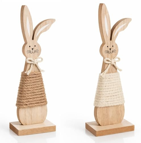 com-four® 2x dekorativ påskhare i trä, stående figur med juteband och rosett, vårdekoration för bord och hem (2 stycken - Jutebandkaniner)