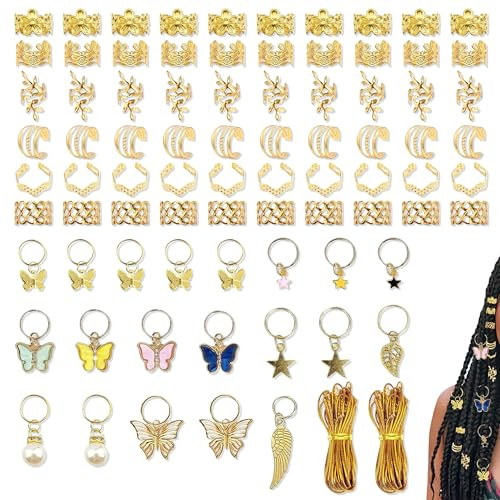 YinnFeen 82 Piezas Accesorios para el Pelo, Adornos Joyería del Pelo Trenzado, Ajustables Mariposa Dreadlocks de Trenza de Pelo Clips Cuffs Cuentas para Trenzas Locs para Mujer Hombre
