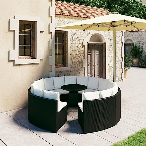 RCODSSK 7-TLG. Garten-Sofagarnitur Poly Rattan Schwarz mit Auflagen, Outdoor Sofagarnitur mit Akazienholz Tisch, schwarzes Rattan Sofa Set, Garten Lounge Set Poly mit Kissen