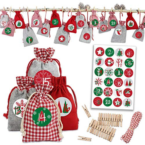 Papierdrachen 24 Adventskalender Stoffsäckchen zum Befüllen 2025 - mit Bäckergarn und Klammern - Stoffbeutel zum selber Dekorieren - Geschenksäckchen