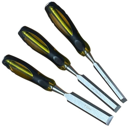 3Pc Wood Chisel Set - Woodworking, Carving, Firmer Chisels | Sizes 1/2 3/4 1, Hammer End with Non-Slip Rubber Handle |for Wood Work, Carving and Sculpting