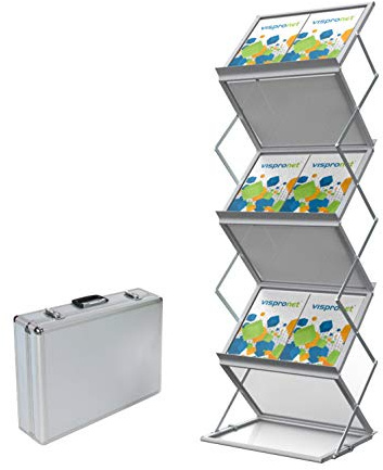 Vispronet Faltbarer Prospektständer DIN A3 Querformat, mit Transportkoffer, Alu, für A4 & A3, doppelseitig, Katalogständer, Prospekthalter