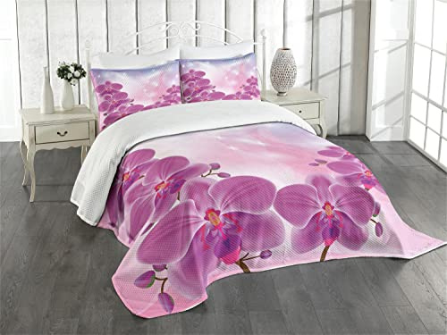 ABAKUHAUS Blumen Tagesdecke Set, Exotische Orchideen-Blumen, Set mit Kissenbezügen Waschbar, für Einselbetten 170 x 220 cm,Blau Lila