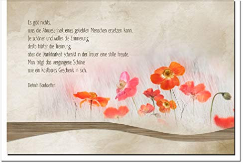 metALUm exklusive Trauerkarte B6 Doppelkarte Klappkarte mit Bambus-Applikation ohne Innentext mit weißem Umschlag – Zitat Dietrich Bonhoeffer – Motiv Mohnblumen