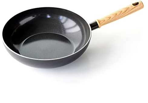 GreenChef Vintage Healthy Ceramic Nonstick 28 cm/3.7 Litre Wok Pan, Wood Inspired Handle, PFAS Free, Induction Suitable, Oven Safe up to 160˚C, Grey