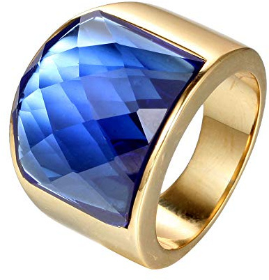 HIJONES Hommes Femmes Acier Inoxydable 19MM Ciel Vert Coupe de Diamant Gemme Bague Or Bleu Taille 57