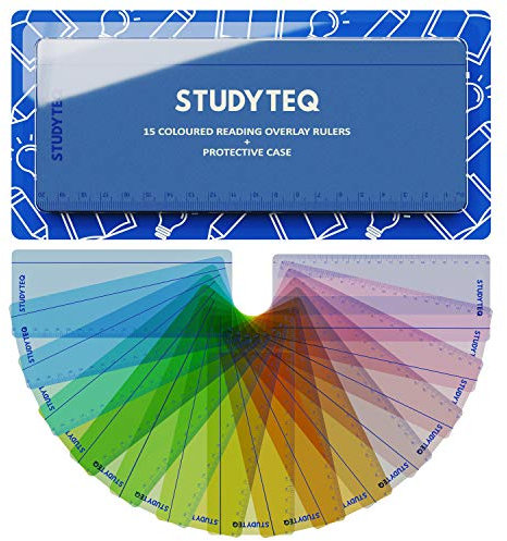 Studyteq 15 x Professional Dyslexia Coloured Reading Overlays And Rulers + Protective Case | Reading Tracking Rulers for Visual Stress, Dyslexia, Irlens Syndrome, and ADHD