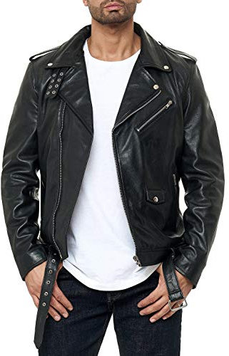 RED BRIDGE - Moderna Chaqueta con un Aspecto de Motociclista rocoso Hecha de Cuero y con cinturón para Hombre - Negro
