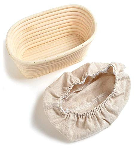 1 x ovaler Banneton-Gärkorb, Rattan-Bambuskorb, Brotform-Sauerteig-Gärkörbchen, natürliches Rattan-Schüssel zum Aufstellen von Brot und Teig, Sauerteigbrot, Starterglas-Set (15 x 8 x 5 cm + Tuch)