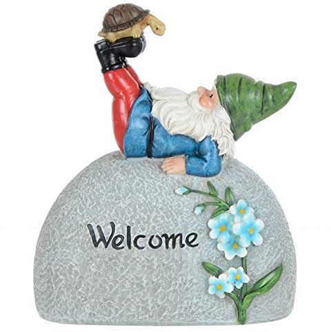 Garden Gnome Welcome Pebble Ornament Novelty Resin Decoration Outdoor - Green Hat