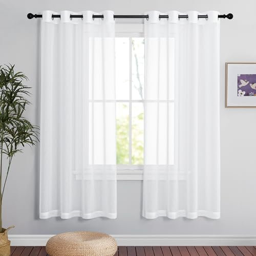 PONY DANCE Cortinas Blancas Cortas para Ventanas 2 Piezas, Cortinas Translucidas con Aspecto de Lino con Ojales para Cocina/Domitorio, 140x175cm