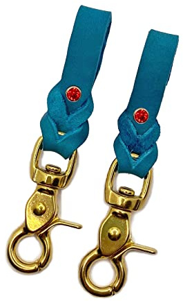 Steigbügelhalter aus feinem Fettleder mit roten Strasssteinen (Türkis, Messing)