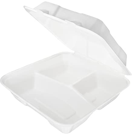 wisefood Zuckerrohr Einweg Schalen, Bagasse Menüboxen weiß 20x22x8,5 cm, 3 Kammern Lunchboxen mit Klappdeckel, Takeaway, Biologisch abbaubares Zuckerrohr Geschirr ohne PLA/PE (100 Stk.)