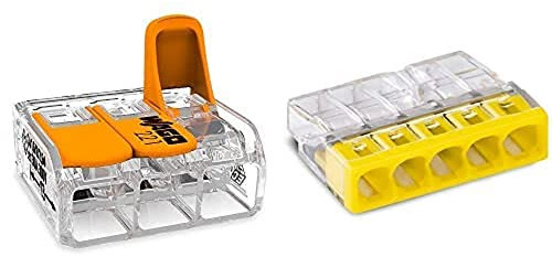 WAGO Klemme, 3-Leiter, 6 mm², Verbindungsklemme mit Hebel, 221-613 (30 Stück), Orange & WAGO Klemme, 5-Leiter, Verbindungsdosenklemme, 2273-205, Transparent, Gelb, (100 Stück)