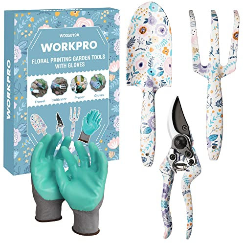 WORKPRO Aluminum Garden Tool Set, 4PCS Heavy Duty Hand Garden Tools with Box Include Trowel, Rake, Pruner, Garden Gloves, Garden Gifts