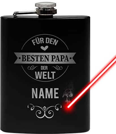 Flachmann mit Gravur aus Edelstahl selbst gestalten - mit Name gravieren - Geschenkidee für den besten Papa - Praktische Taschengröße | Schwarz, 225 ml, Lasergravur