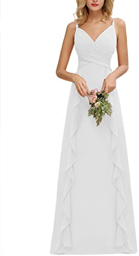 Vestido de dama de honor para boda, sin mangas, hombros descubiertos, elegante, largo, tirantes delgados, corpiño fruncido, línea A, volantes, vestidos de dama de honor para mujer, blanco, 36