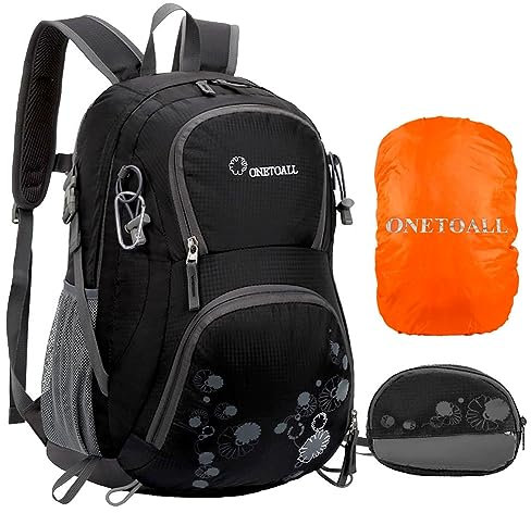 ONETOALL Wanderrucksack Damen, Fahrradrucksack 20L, Tagesrucksack Outdoorrucksack Sportrucksack mit Regenschutz und Geldbörse, für Camping Reisen Wandern Tagestour, schwarz/rosa
