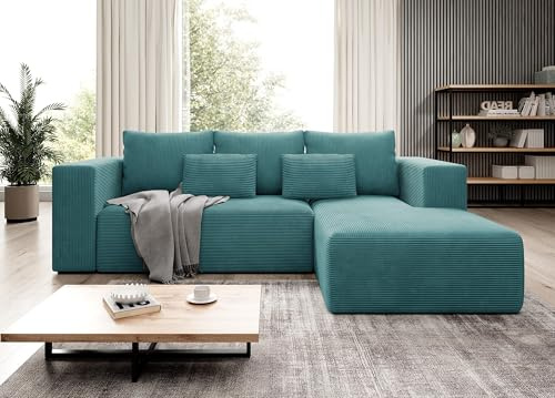 Moderno Ecksofa mit Schlaffunktion und Bettkasten Stripes - Sofa mit 3 Sitzer und Robuste überzug - Schlafcouch L-Form - Modern Couch Cord - 255x73x161 cm - Rechts Türkis