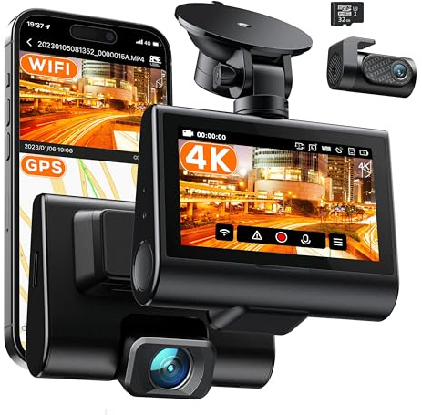 iZEEKER 4K Dashcam vorne und hinten Wi-Fi GPS, 4K + 1080P Dual-Dash-Kamera für Autos mit 32 GB SD-Karte, 7,6 cm IPS-Touchscreen, WDR, Nachtsicht, 170 ° Weitwinkel, Parkmodus, 2 Montageoptionen