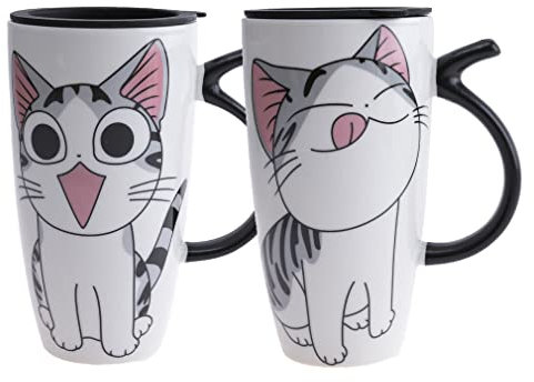 lachineuse – Juego de 2 tazas de gato Kawaii Gourmand 600 ml – Tazas grandes XXL blanco de porcelana – Tazas japonesas para té y café – con tapa isotérmica – Lucky Cat – Taza ideal para regalo de