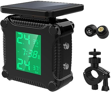 Shkalacar Reifendruck-Kontrollsystem Motorrad mit 2 externen Sensoren, großem LCD Bildschirm, Solaraufladung und magnetische Aufladung, Wasserdichtes Motorrad Reifenalarm für Zweirädriges(Grün)