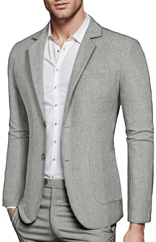 WAIDFU Blazer de lino para hombre, elegante, casual, con solapa con muescas, 2 botones, ajuste delgado, ligero, para uso diario, negocios, boda, baile de graduación, gris, L