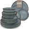 Ensemble Vaisselle en Grès 6 Personnes Rustique 24 pièces - Service de Table Rustique, Lavable au Lave-Vaisselle - Ensemble de Bols et Assiettes - Vaisselle de Table Pure Living en Bleu Fumé