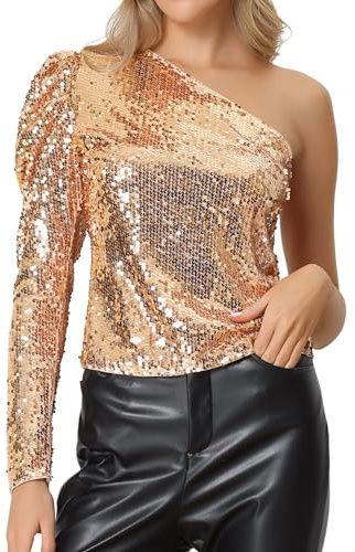 Allegra K Donna Paillettes Scintillanti per Top Natalizio Scintillanti A Maniche Lunghe con Sbuffo E Monospalla da Festival di Natale Champagne Oro S