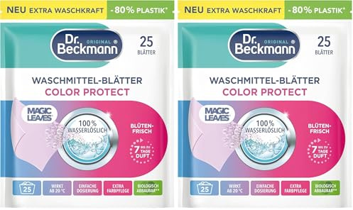 Dr. Beckmann MAGIC LEAVES Waschmittel-Blätter COLOR | vordosierte & wasserlösliche Waschblätter | platzsparend und leicht anzuwenden | 25 Blätter (Packung mit 2)