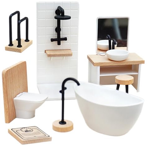 Dollhouse Toilette, Dollhouse Badezimmer Set 8PCS/Set 1: 12 Miniaturrealistische Puppenhaus Toilette Holz DIY Dekorative Puppenhausmöbel für das Spielen