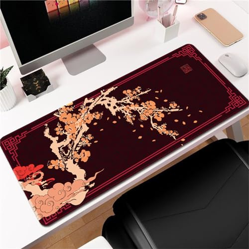 Hixingo Fleur de Prunier du Japon Tapis de Souris XXL, Tapis de Souris Gamer, Tapis Souris avec Bords Cousus, Tapis de Souris en Base Antidérapante Convient Gaming, Maison (900x400x3mm,Orange)