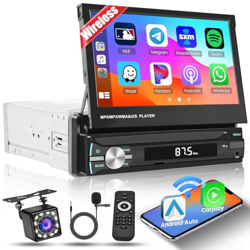 Inefala Bilradio 1 Din med tillbaka skärm, med trådlös Carplay Android Auto, 7-tums pekskärm Bilstereo Bluetooth/spegellänk/FM AM/USB/AUX/EQ med bakkamera