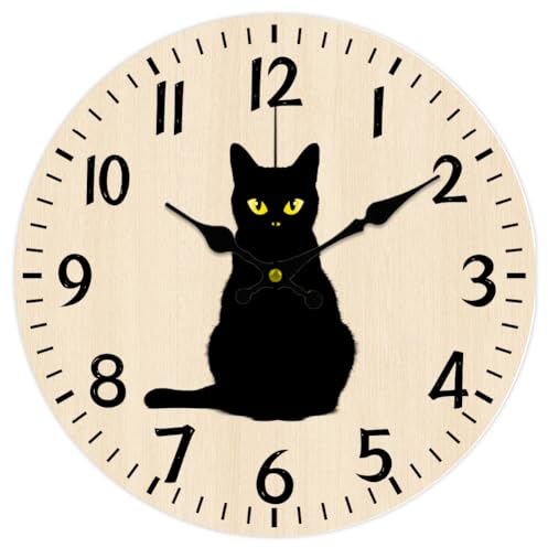 CHGCRAFT Wanduhr Mit Schwarzer Katze Halloween Wanduhr Tickt Nicht Runde Dekorative Wanduhr Aus Holz Bedruckte MDF Wanduhr Für Zuhause Wohnzimmer Schlafzimmer Home Office Dekoration
