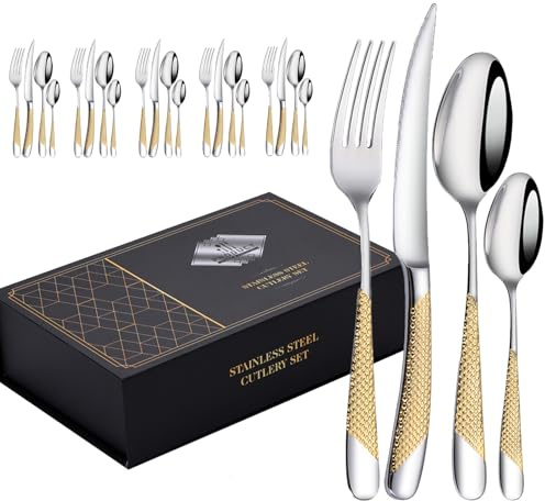 Bestickset bestick set, högglanspolerat rostfritt stål 18/10, inklusive kniv, gaffel, sked matservis för hem, hotell, restaurang, nytt hus (guld, 24 st)