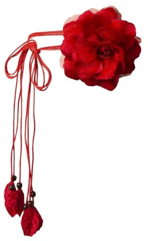 Wambere Damen Blumen Dünner Gürtel Geflochtener Taillengürtel Vintage Fransengürtel Frauen Taillenseil Gürtel Verstellbarer Quastengürtel für Kleider Strand Urlaub Hochzeit Party Festival,Rot