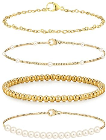 Yamobi 4 Stück Armbandset mit goldenen Perlen für Damen, Schmuckset, Goldschmuck aus Edelstahl, Armband Gold für Damen, Oberarmreif Gold, wasserfester Schmuck