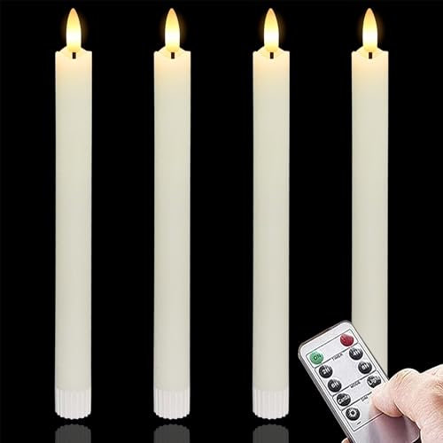 Vtobay Velas LED de Cera Real sin Llama 2cm x25cm con Mando a Distancia y Función Temporizador, Funciona con Pilas Parpadeo Marfil Pack de 4 Velas