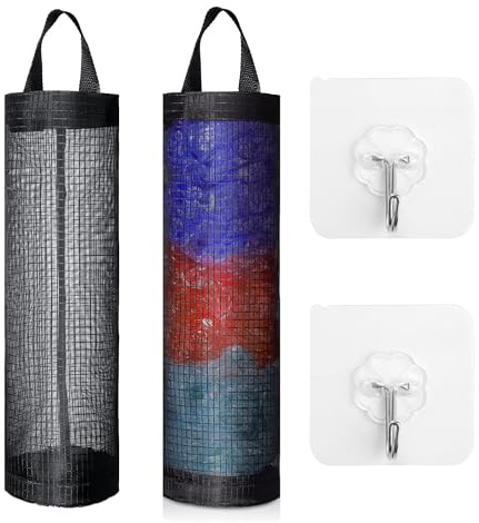 2pcs Carrier Bag Holder with Hooks - Storage and Grocery Mesh Hanging Dispenser Organizer for Shopping and Trash Bags