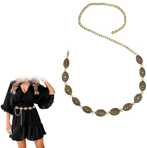 ZEPIQOR Catena in Oro Regolabile per Abito, Cintura da Donna Concho Gioiello, 110cm