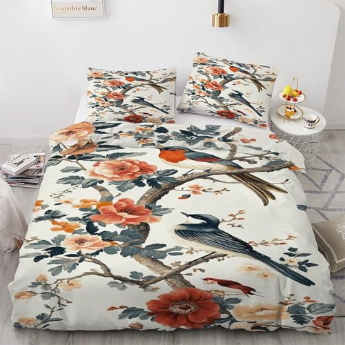 YZQGLHP Blumen Bettwäsche 200x220 Birdie, Wendebettwäsche & Zimmer Deko, Weiche Microfaser Bettbezug Set 2 Teilig, 2 Kissenbezug 80x80, mit Reißverschluss