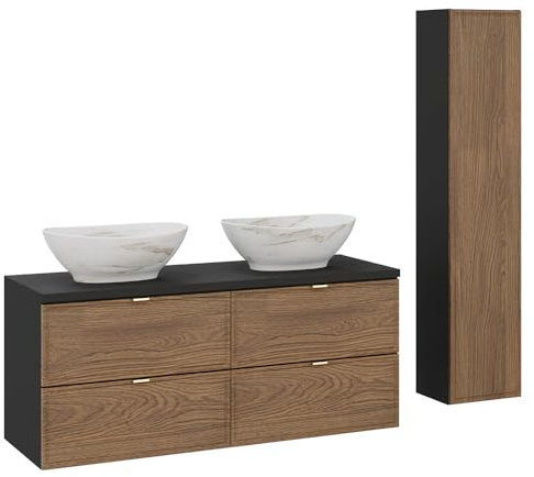 Lomadox Badmöbel-Set 2-teilig mit 120 cm Doppelwaschtisch und Hochschrank in Eiche und schwarz, 2 Aufsatzwaschbecken weiß marmoriert