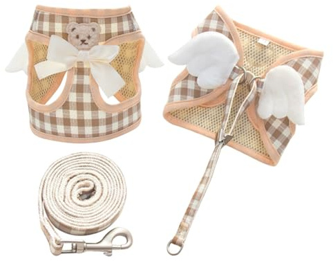 Hundegeschirr für kleine Hunde, Leinen-Set mit Engelsflügeln, atmungsaktiv, verstellbar, für den Sommer, Netzstoff, kariert, mit Schleife, Bärenflügeln für Katzen, Welpen, kleine Hunde, Größe S, Khaki