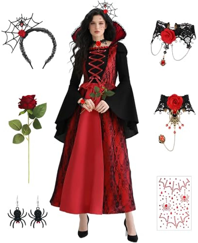 GEEKEO Carnaval Deguisement Vampire Femme, Déguisement Vampire Medieval avec Dent de Vampire Collier Robe Gothique Femme Princesse Cosplay Costume de Reine Mardi Gras Décoration Halloween Carnaval