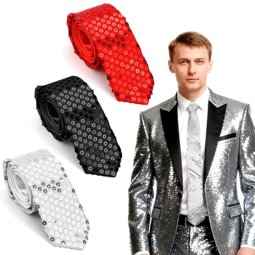 YNOYMO Krawatten für Herren Glitzer Krawatte Karneval 3 Stück Tie Set Schwarz Rot Weiß Glitzernde Schlips Herren Schmal Krawatte Seide mit Gummizug Reißverschluss für Disco Fasching Party Dance