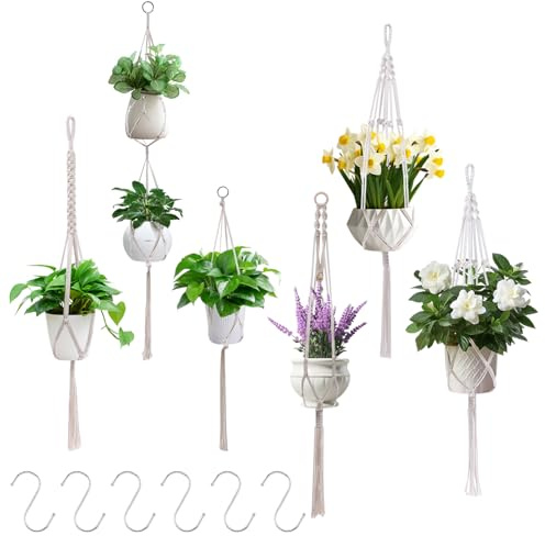 6 Stück Makramee Blumenampel mit 6 Haken,Blumenampel hängend Innen,UnterschiedlichBoho Deko Hängeampel,Baumwollseil Blumentopf Hängend für Innen Außen Garten Wohnzimmer Fenster Balkone Wanddekoration