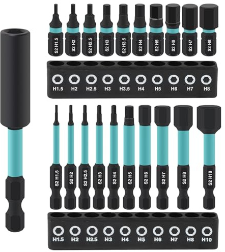 MIGUBIGU 21-tlg Inbus Bit Set 1/4 mit Bit Verlängerung, 25 mm + 60 mm Hex Sechskant Schraubendreher Bits Set H1.5-H10 mit Lagerhalter, Inbus Bitsatz Sechskant, Hexagon Innensechskant für Akkuschrauber