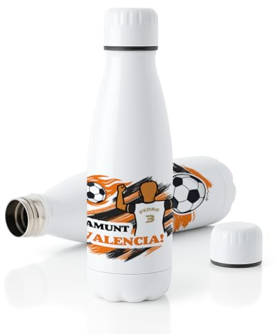 Botella deportiva de acero inoxidable 700 ml con tapón de seguridad – bidón personalizable para fútbol, colegio, trabajo y uso diario en niños y adultos – ligera y resistente (Valencia, Chico)