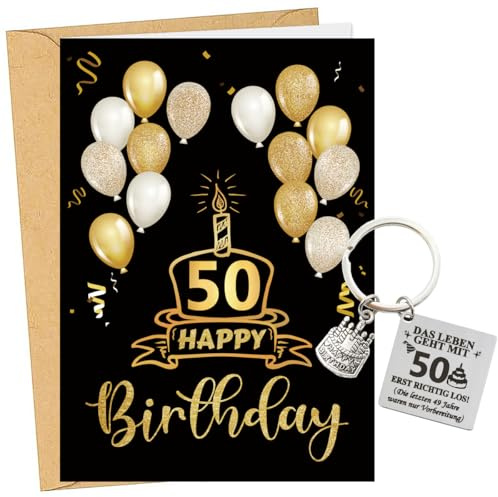 RFBEUTEL Glückwunschkarte zum 50. Geburtstag mit Umschlag Geburtstagsgeschenk Schlüsselanhänger Geburtstagskarte Grusskarte Happy Birthday Mann Frau Freund Mama Papa